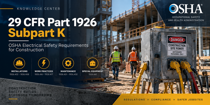 Construction site electrical safety graphic illustrating OSHA 29 CFR Part 1926 Subpart K requirements for installations, work practices, maintenance, and special equipment.