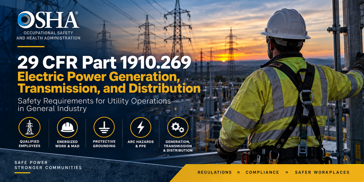 Utility worker overlooking an electrical substation and transmission lines, illustrating OSHA 29 CFR 1910.269 safety requirements for electric power generation, transmission, and distribution.