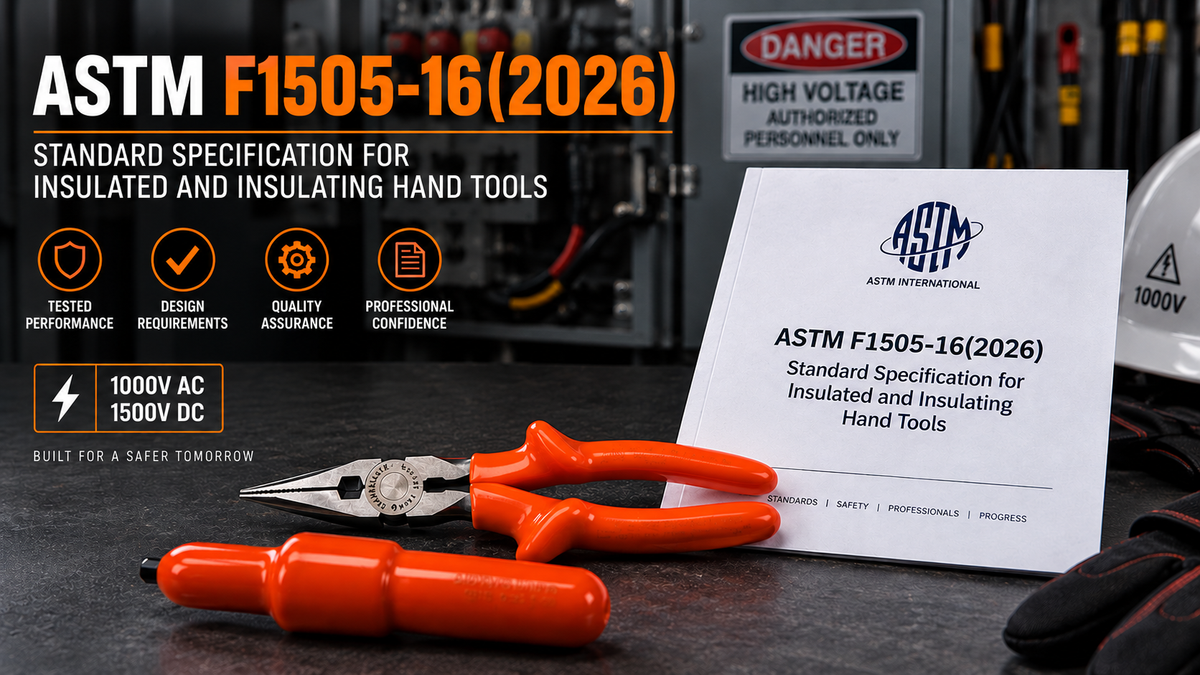 ASTM F1505-16(2026) insulated hand tool standard featuring 1000V insulated pliers and tools for professional electrical work.