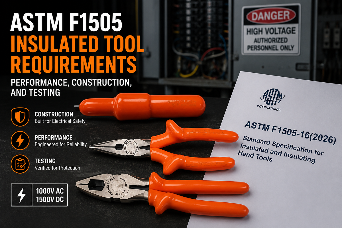 ASTM F1505 insulated tool requirements for performance, construction, and testing, featuring 1000V insulated hand tools used in professional electrical work.