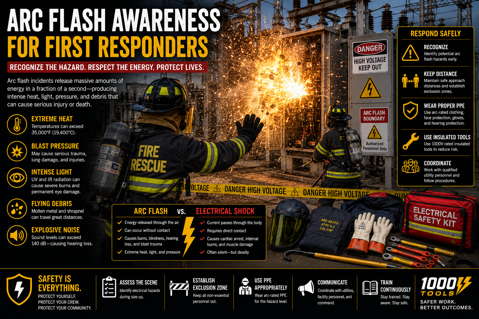 Firefighters wearing arc-rated PPE maintaining a safe distance from energized electrical equipment during an arc flash hazard while coordinating an emergency response.