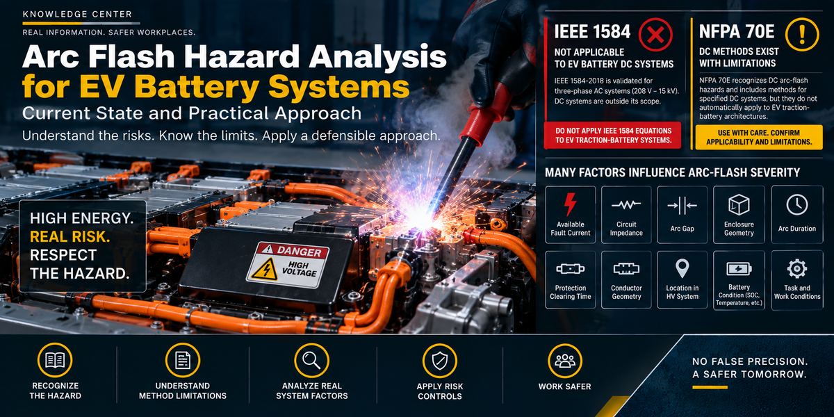 EV traction battery arc-flash hazard illustrating high-voltage DC battery components, electrical arcing, and key factors affecting arc-flash risk and incident-energy analysis.
