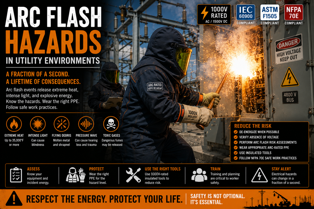 Utility workers performing switching operations in a high-voltage substation while wearing arc-rated PPE and using insulated tools to reduce arc flash hazards.