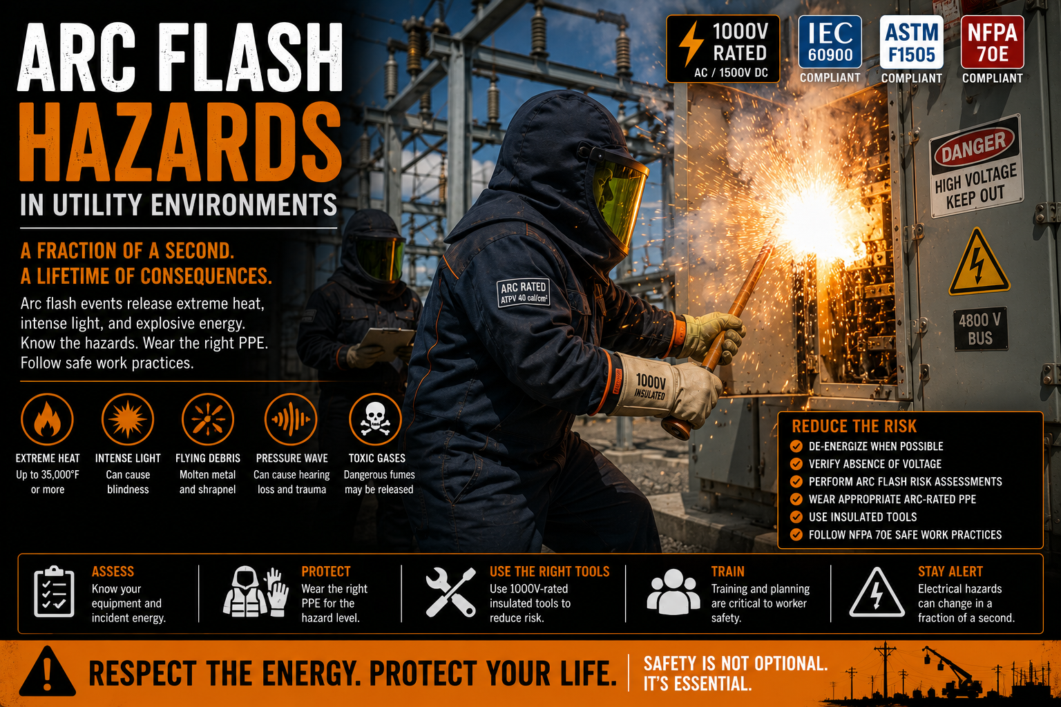 Utility workers performing switching operations in a high-voltage substation while wearing arc-rated PPE and using insulated tools to reduce arc flash hazards.