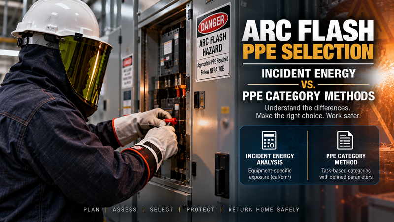 Arc flash PPE selection comparing incident energy analysis and PPE category methods, with an electrical worker in arc-rated protective equipment.