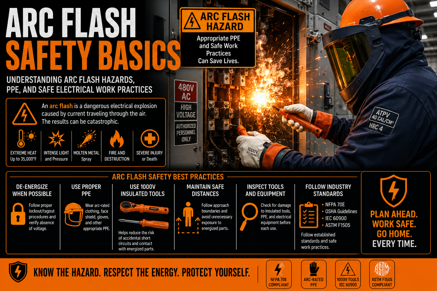 Electrician wearing arc-rated PPE and using orange IEC 60900 insulated tools while working safely near energized switchgear with an arc flash hazard warning