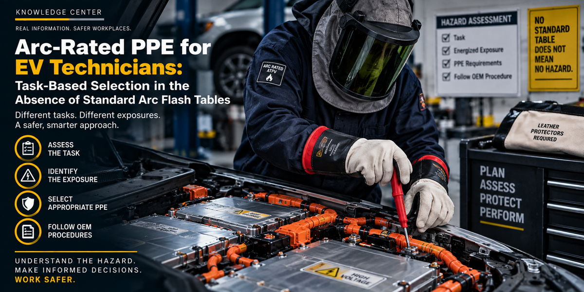 EV technician wearing arc-rated PPE while servicing a high-voltage traction battery, illustrating task-based arc-flash hazard assessment and PPE selection for EV service.