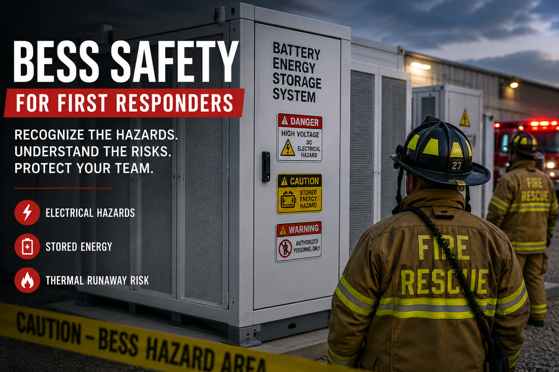 Firefighters assessing a battery energy storage system marked with high-voltage, stored-energy, and thermal-runaway hazards during an emergency response.