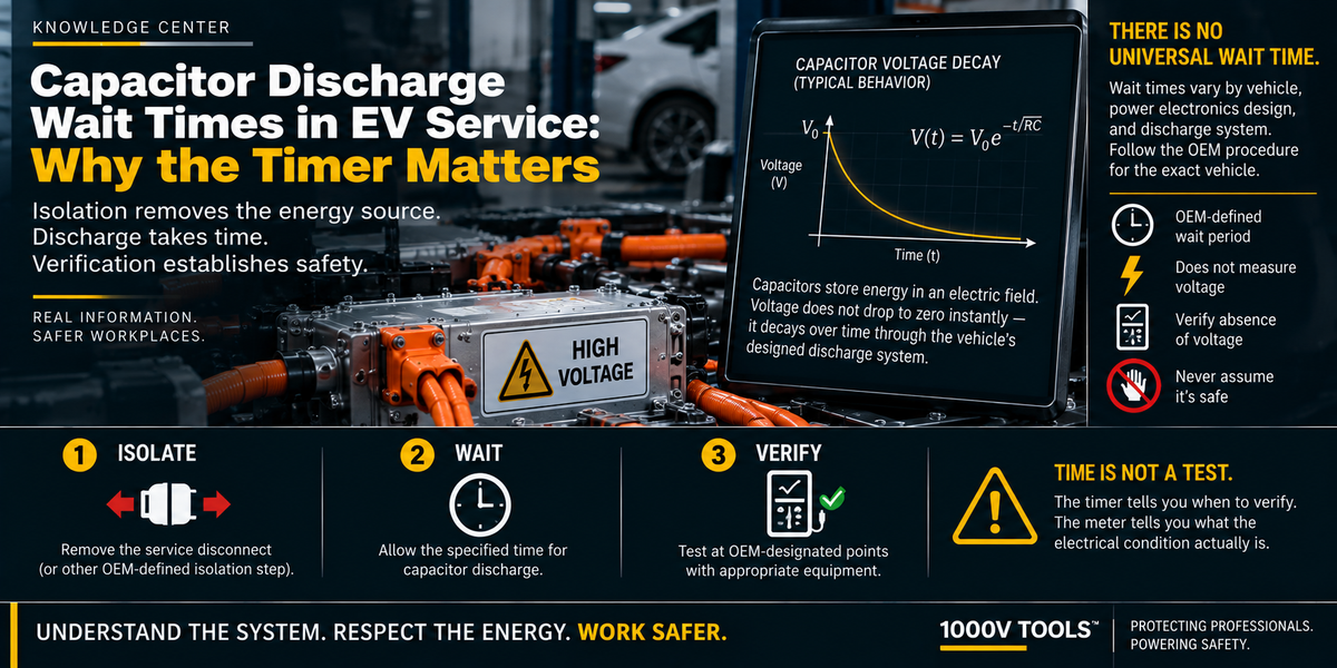 EV high-voltage capacitor discharge graphic illustrating voltage decay over time and the isolate, wait, and verify process before electrical service.