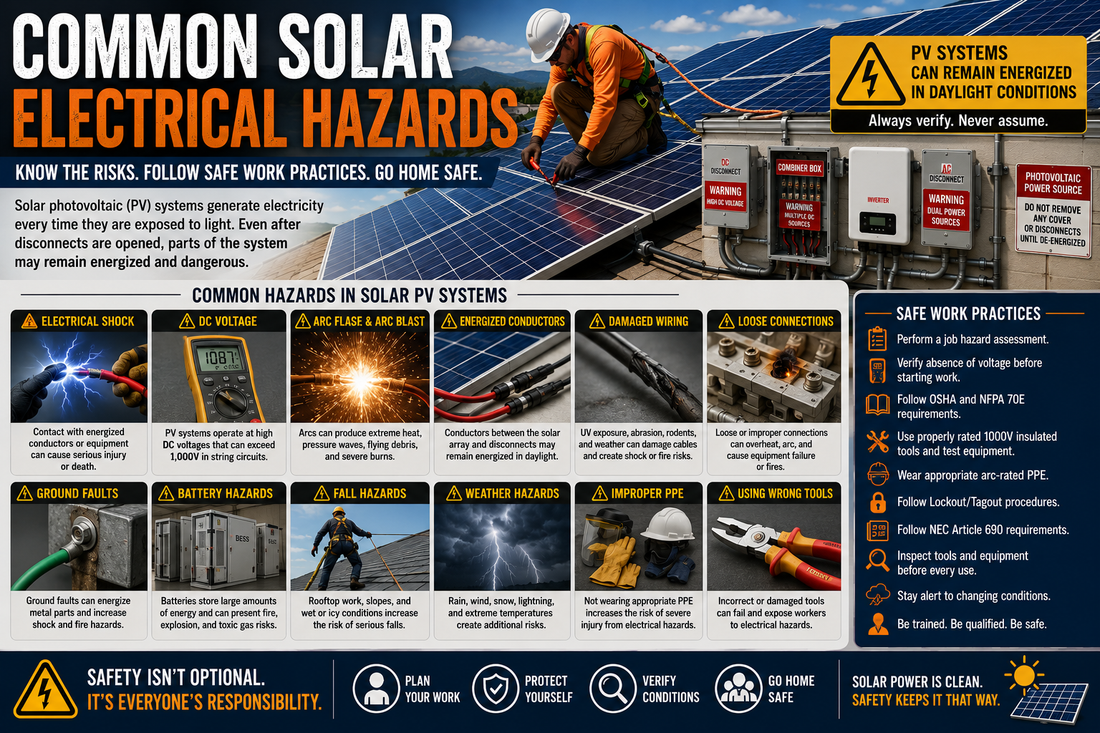 Solar technician working near photovoltaic panels and electrical equipment while identifying common solar electrical hazards.