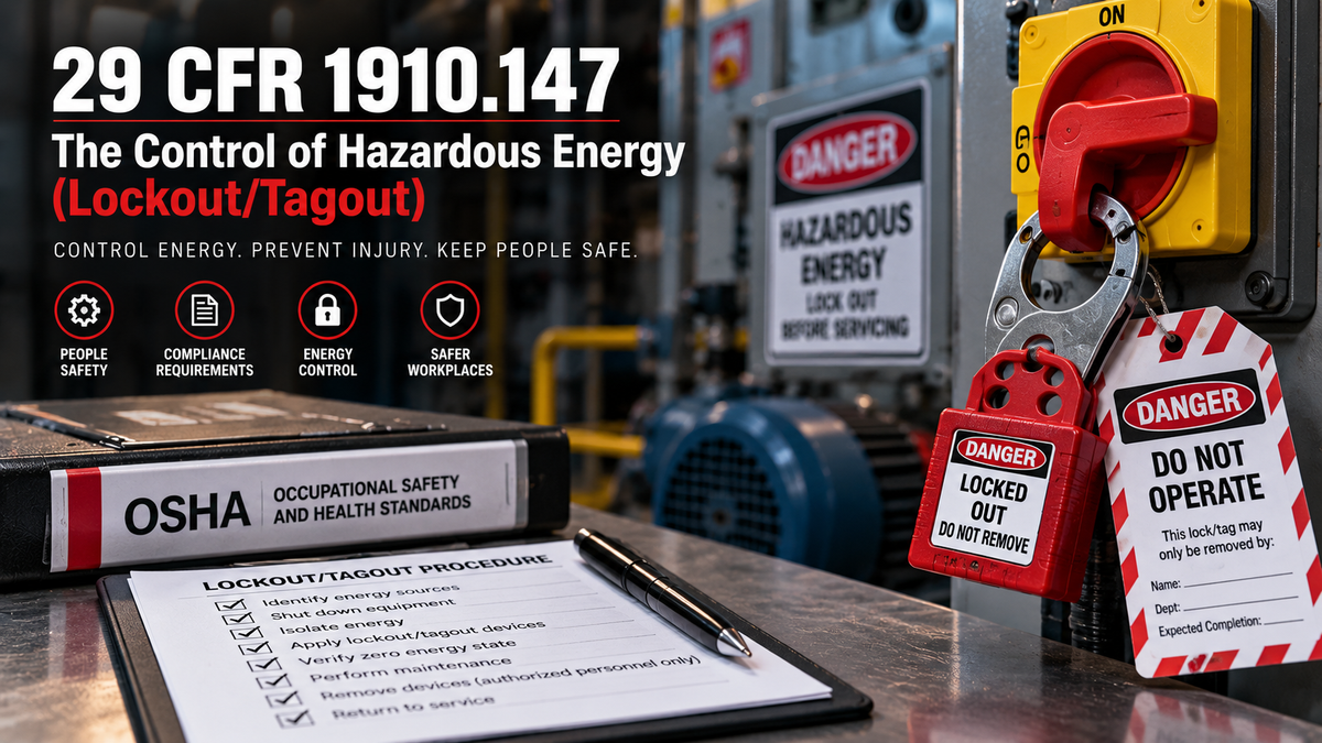 OSHA 29 CFR 1910.147 hazardous energy control standard featuring industrial lockout/tagout devices, energy isolation, and LOTO procedures.