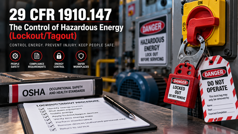 OSHA 29 CFR 1910.147 hazardous energy control standard featuring industrial lockout/tagout devices, energy isolation, and LOTO procedures.