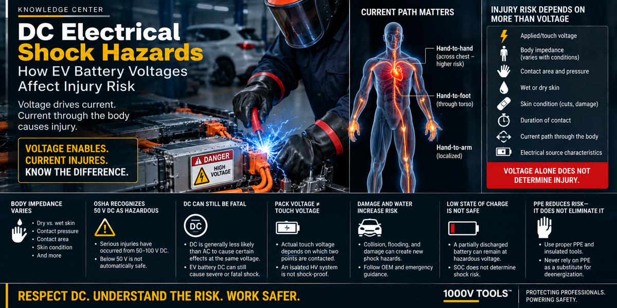 EV technician working near a high-voltage traction battery, illustrating DC electrical shock hazards, current paths through the body, and factors affecting injury risk.