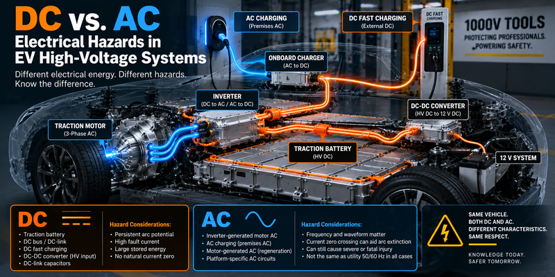 EV high-voltage system illustrating the differences between DC and AC electrical hazards across the traction battery, inverter, motor, and charging circuits.