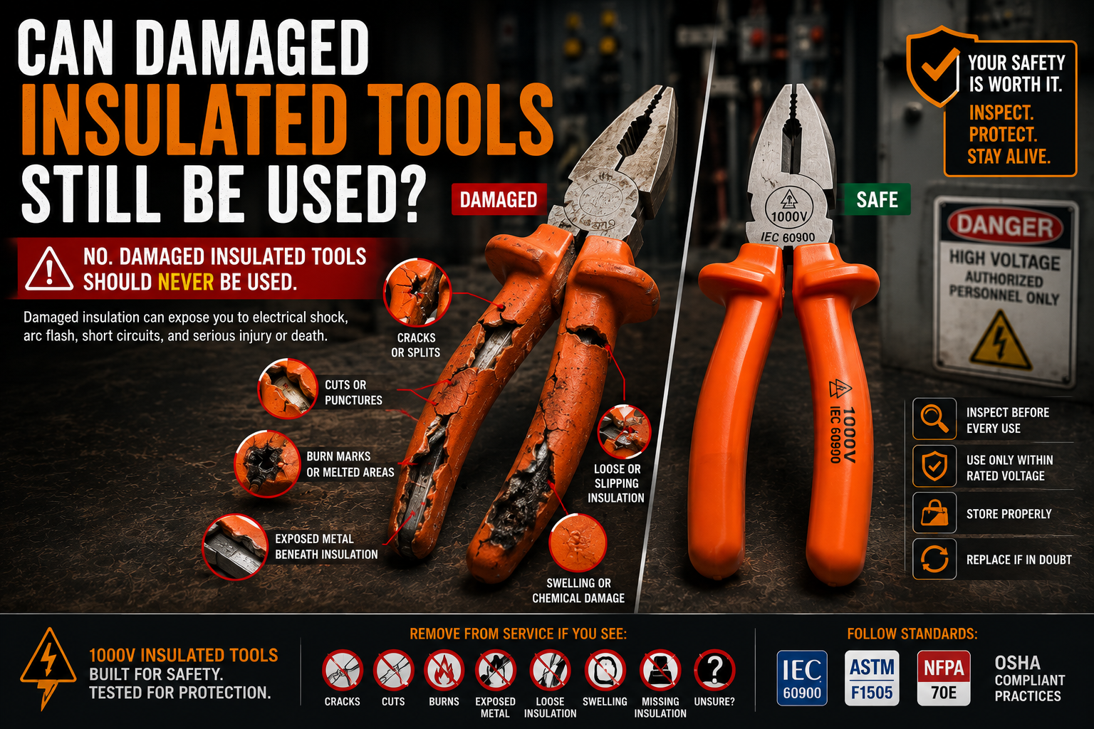 Damaged 1000V insulated hand tool with cracked insulation beside a new certified insulated tool, illustrating why damaged electrical safety tools must be removed from service.