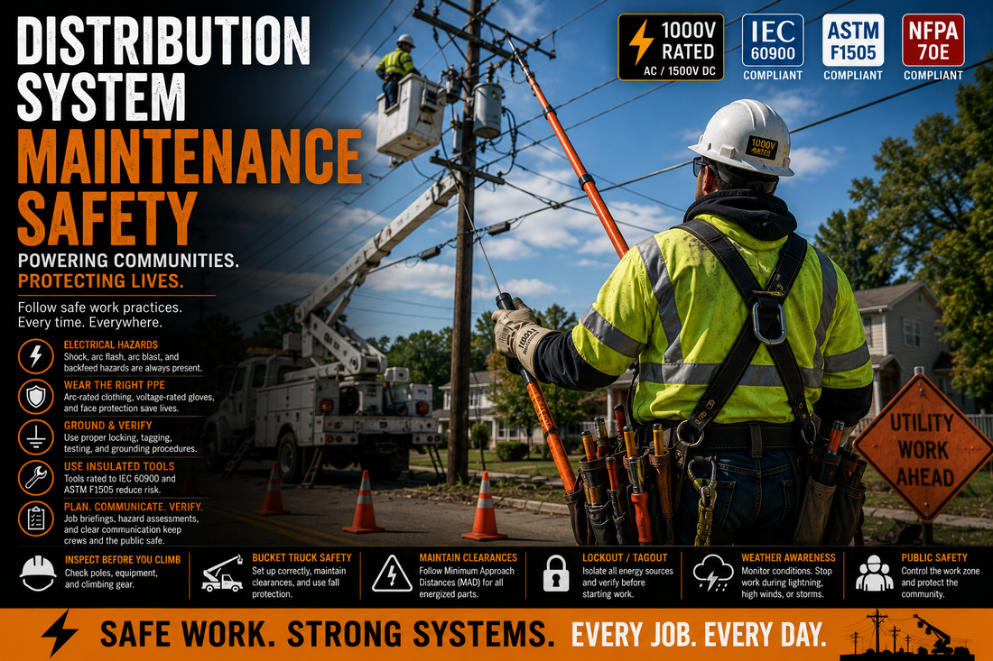 Utility lineworkers performing electrical distribution system maintenance while wearing arc-rated PPE and using insulated tools on overhead distribution equipment.