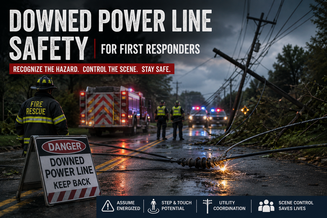 First responders secure a storm-damaged roadway with a downed power line, illustrating electrical hazards, scene control, and utility coordination.