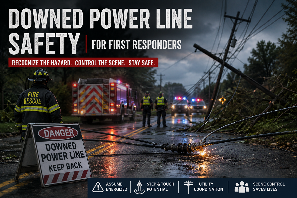 First responders secure a storm-damaged roadway with a downed power line, illustrating electrical hazards, scene control, and utility coordination.