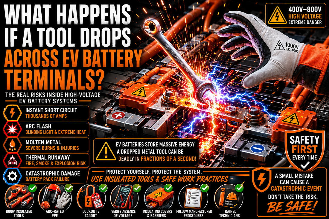 Orange insulated ratchet and socket positioned safely above an energized EV battery pack illustrating the dangers of dropping conductive tools across high-voltage battery terminals