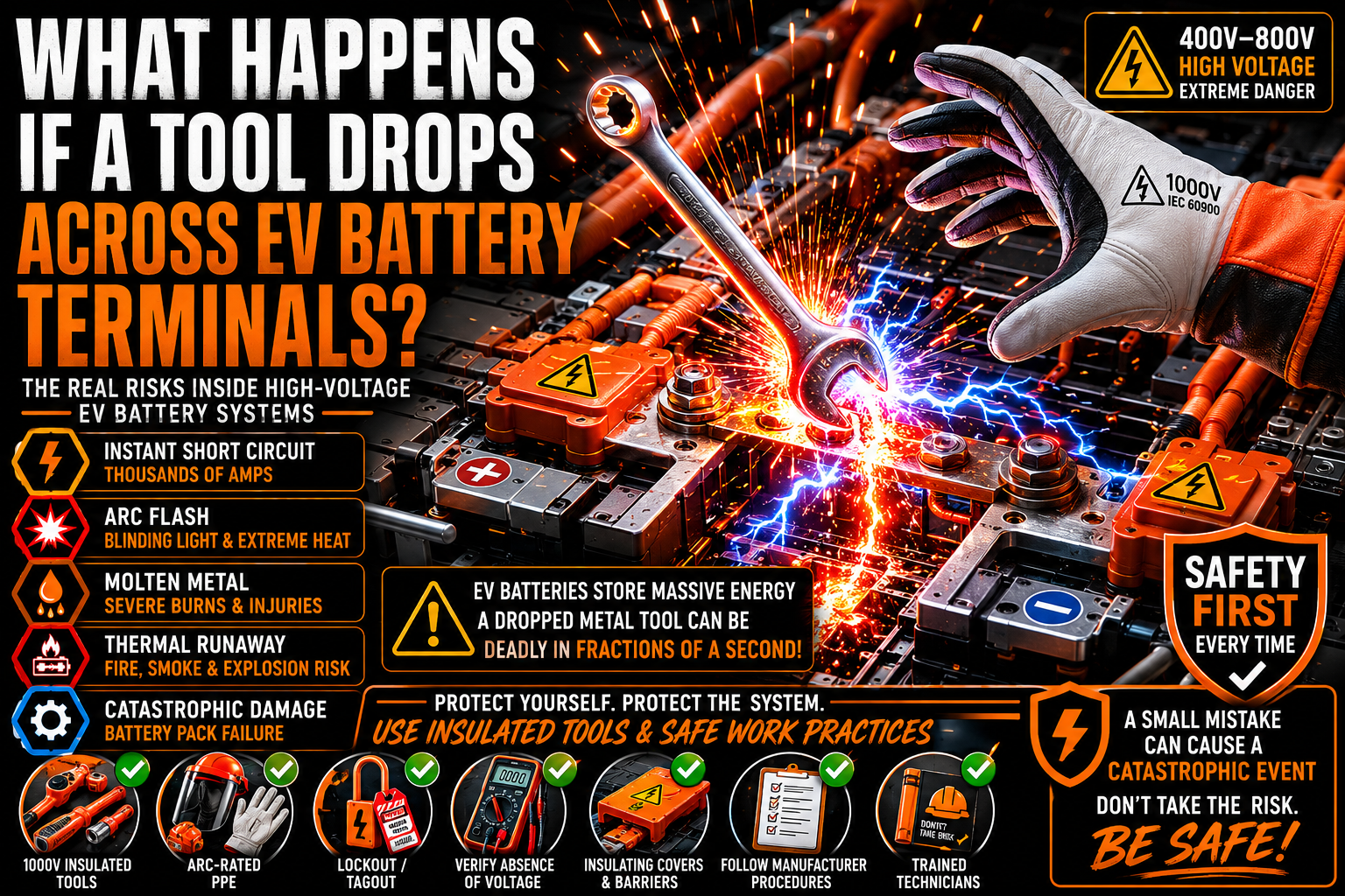 Orange insulated ratchet and socket positioned safely above an energized EV battery pack illustrating the dangers of dropping conductive tools across high-voltage battery terminals