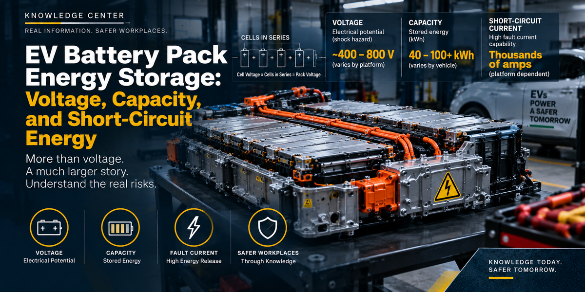 EV traction battery pack with exposed modules and high-voltage cabling, illustrating battery voltage, energy capacity, stored electrical energy, and short-circuit fault-current hazards.