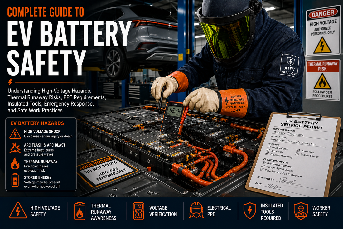 Technician servicing a high-voltage electric vehicle battery pack using orange IEC 60900 insulated tools and voltage-rated PPE