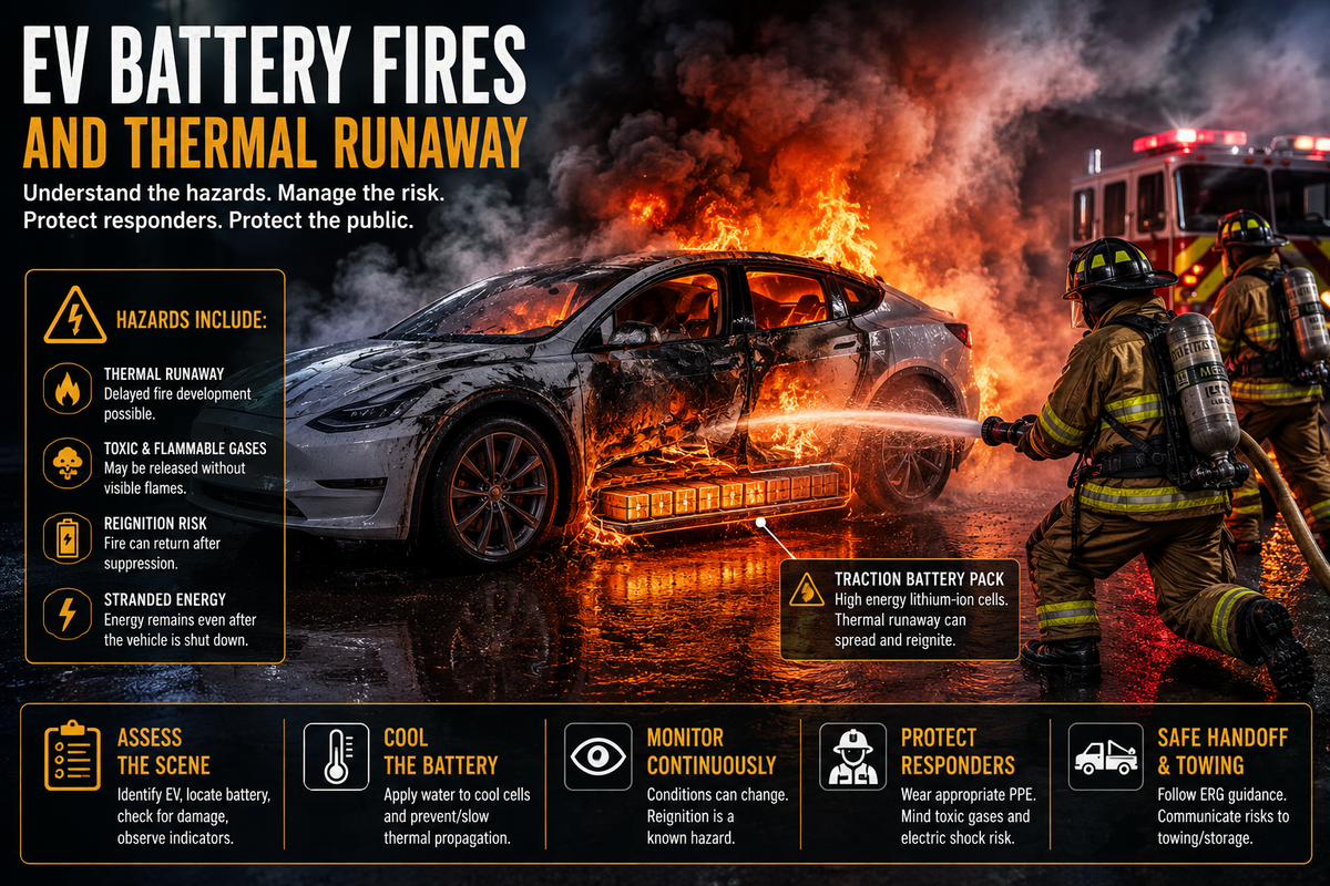 Firefighters respond to an electric vehicle battery fire, illustrating thermal runaway, toxic gas, stranded energy, reignition risk, and the high-voltage traction battery pack.