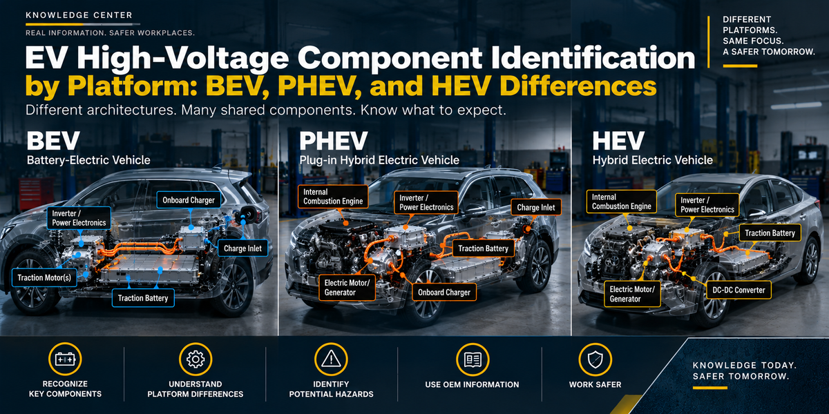 BEV, PHEV, and HEV comparison showing key high-voltage components, including traction batteries, motors, inverters, onboard chargers, and power electronics across electrified vehicle platforms.
