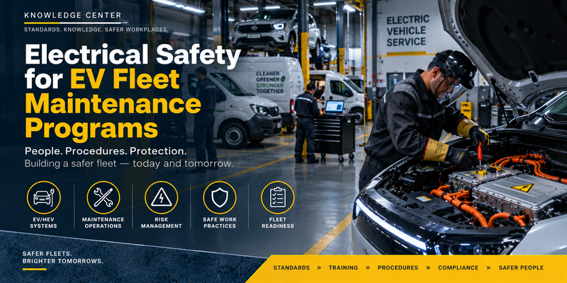 EV fleet maintenance technician servicing high-voltage electric vehicle components, illustrating electrical safety, technician training, safe work practices, and fleet maintenance procedures.