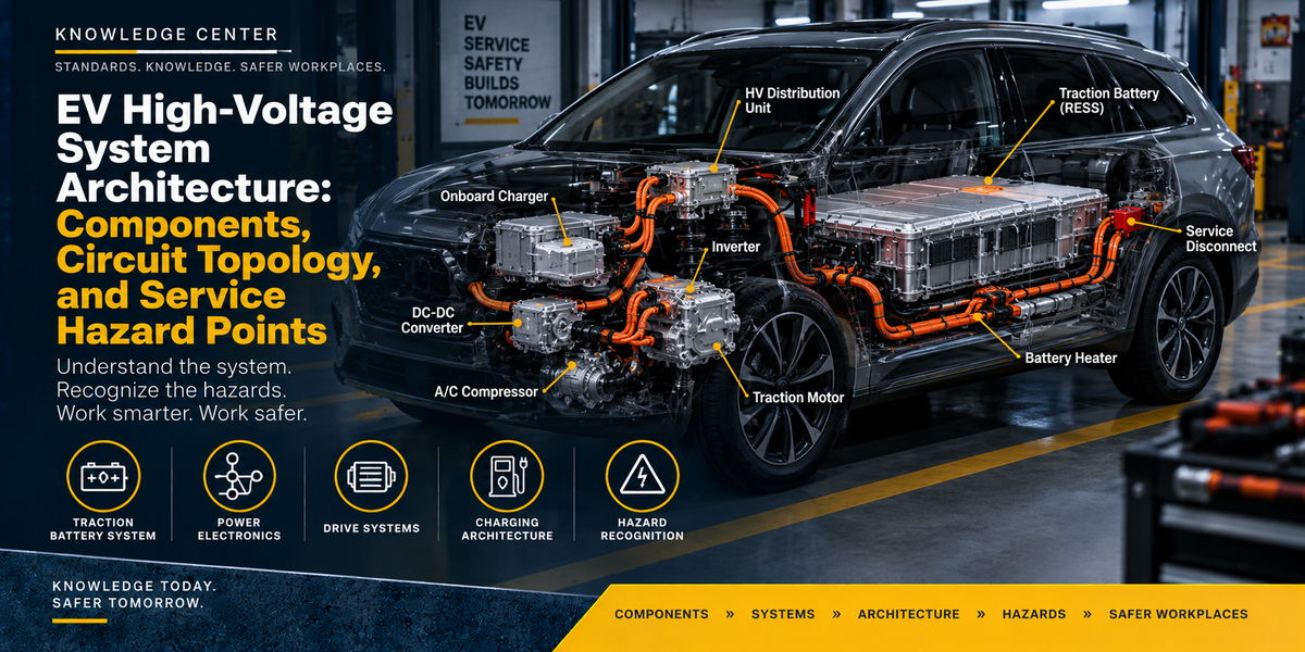 Cutaway view of an electric vehicle showing the traction battery, inverter, motor, onboard charger, DC-DC converter, high-voltage distribution, and service hazard points.