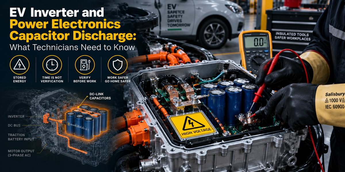 EV technician verifying inverter capacitor discharge with a digital multimeter, highlighting DC-link capacitors, stored high-voltage energy, and the importance of voltage verification before service.