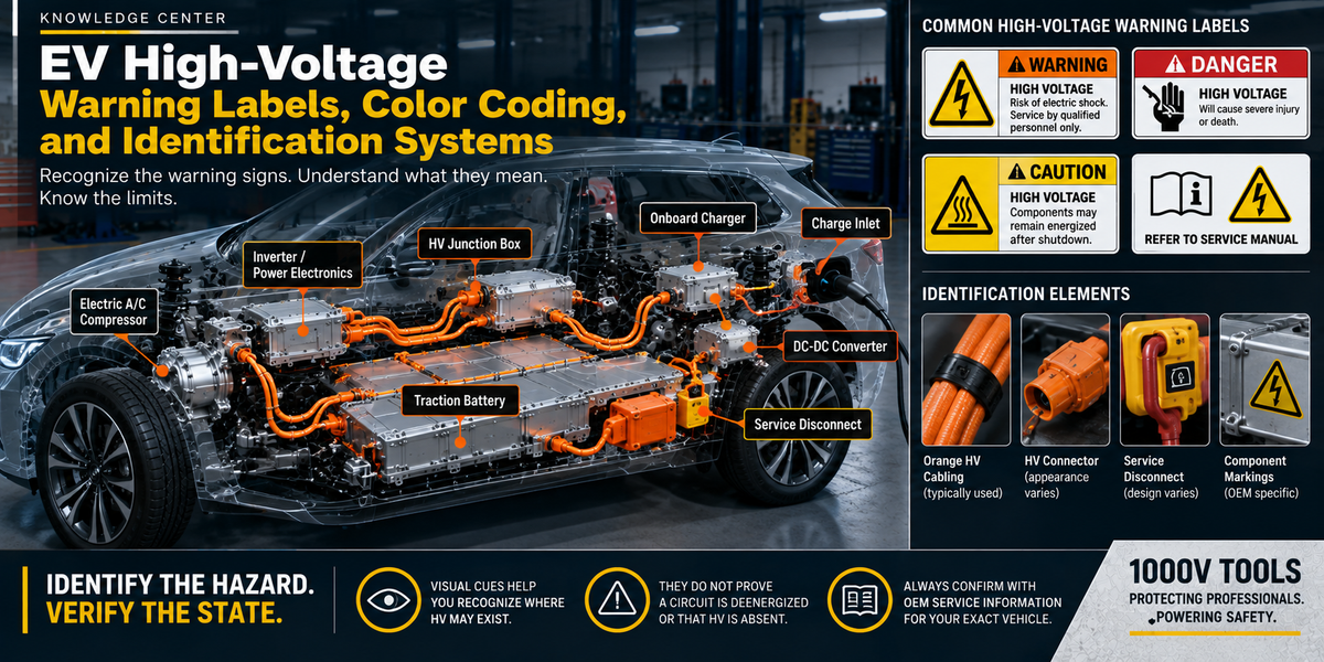 EV high-voltage system showing orange HV cabling, electrical warning labels, component markings, connectors, and service disconnect identification used to recognize potential electrical hazards.