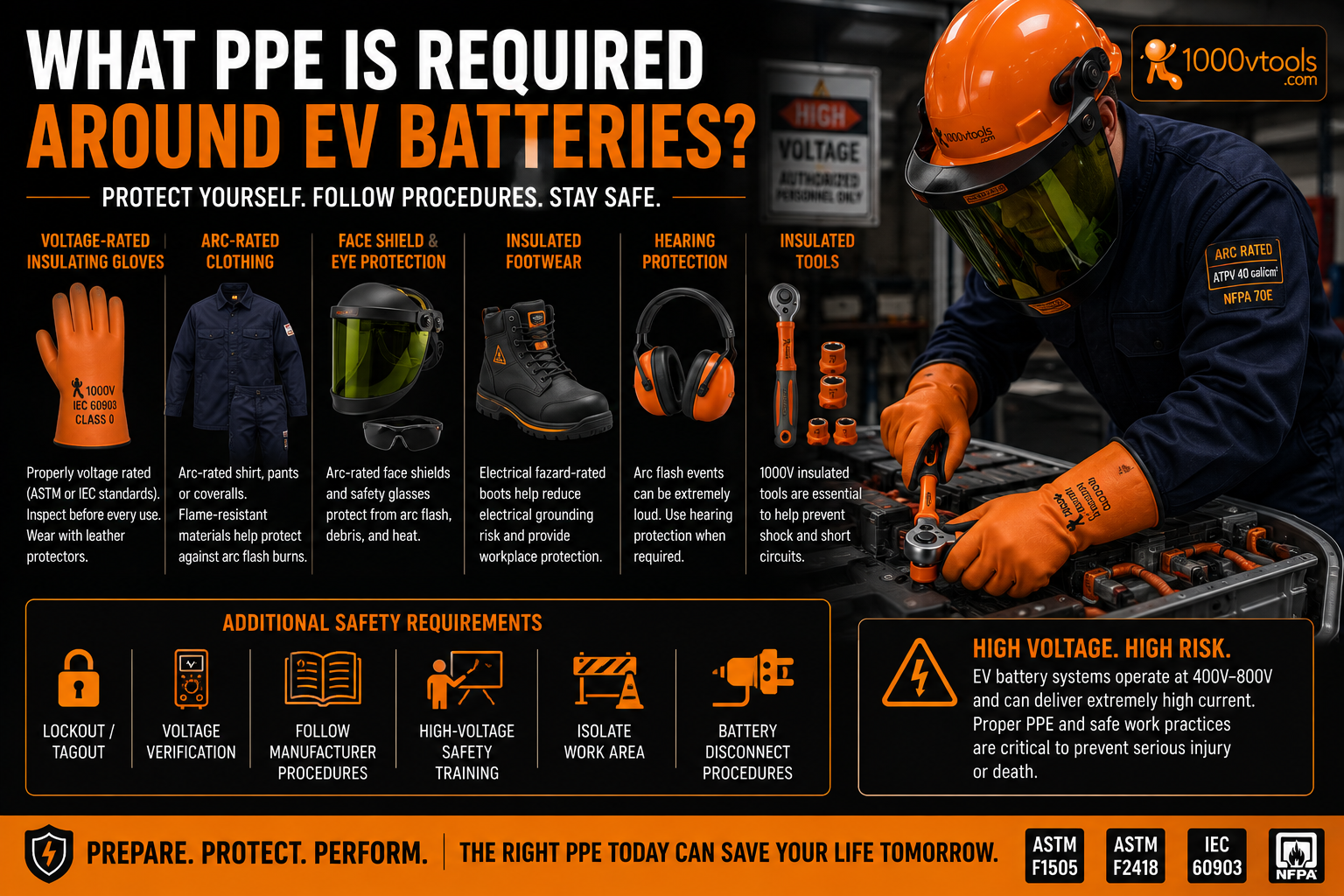EV technician wearing voltage-rated insulating gloves, arc-rated clothing, face shield, and other PPE while servicing a high-voltage electric vehicle battery pack