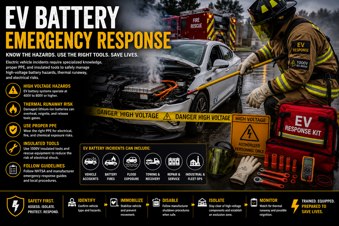 First responders using insulated tools and electrical PPE while responding to a damaged electric vehicle with a high-voltage battery emergency and thermal runaway risk.