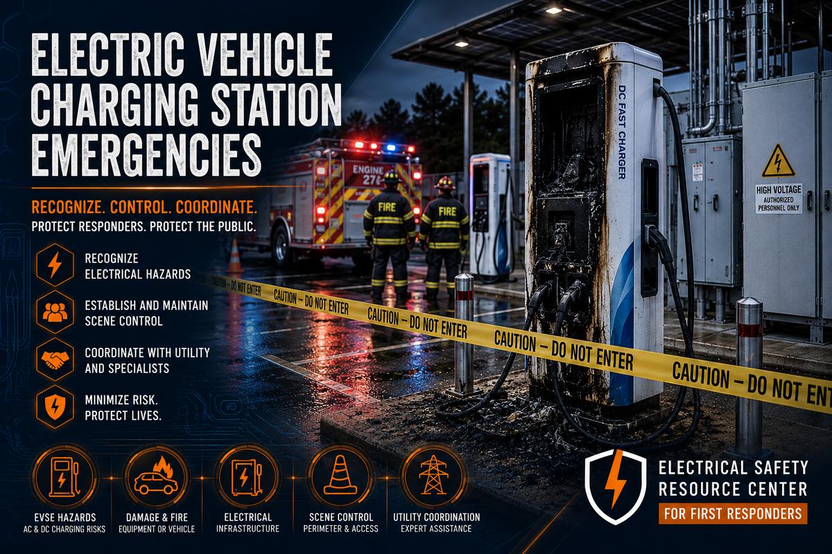 Electric vehicle charging station emergency with damaged DC fast charger, firefighters, electrical hazards, and a controlled safety perimeter.