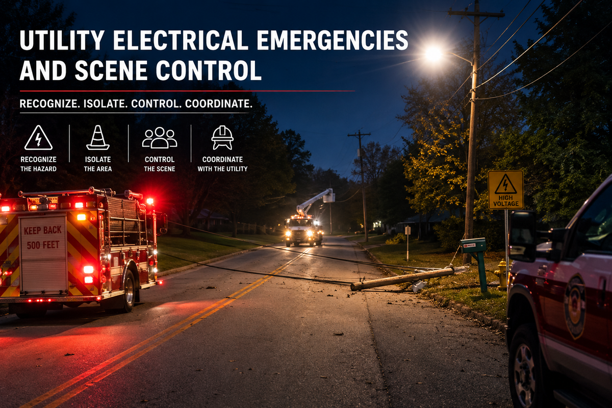 Emergency responders and apparatus positioned at a safe distance from a downed power line across a road, with a utility crew vehicle approaching the scene.