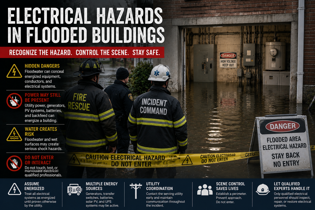 First responders assess a flooded building from behind an electrical hazard perimeter, with floodwater surrounding partially submerged electrical panels and equipment.