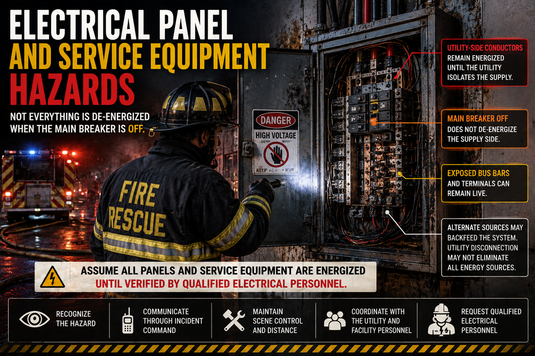 Firefighter assessing fire-damaged electrical service equipment with exposed panel components, illustrating energized utility-side conductors, backfeed risks, and hazards that may remain after the main breaker is off.