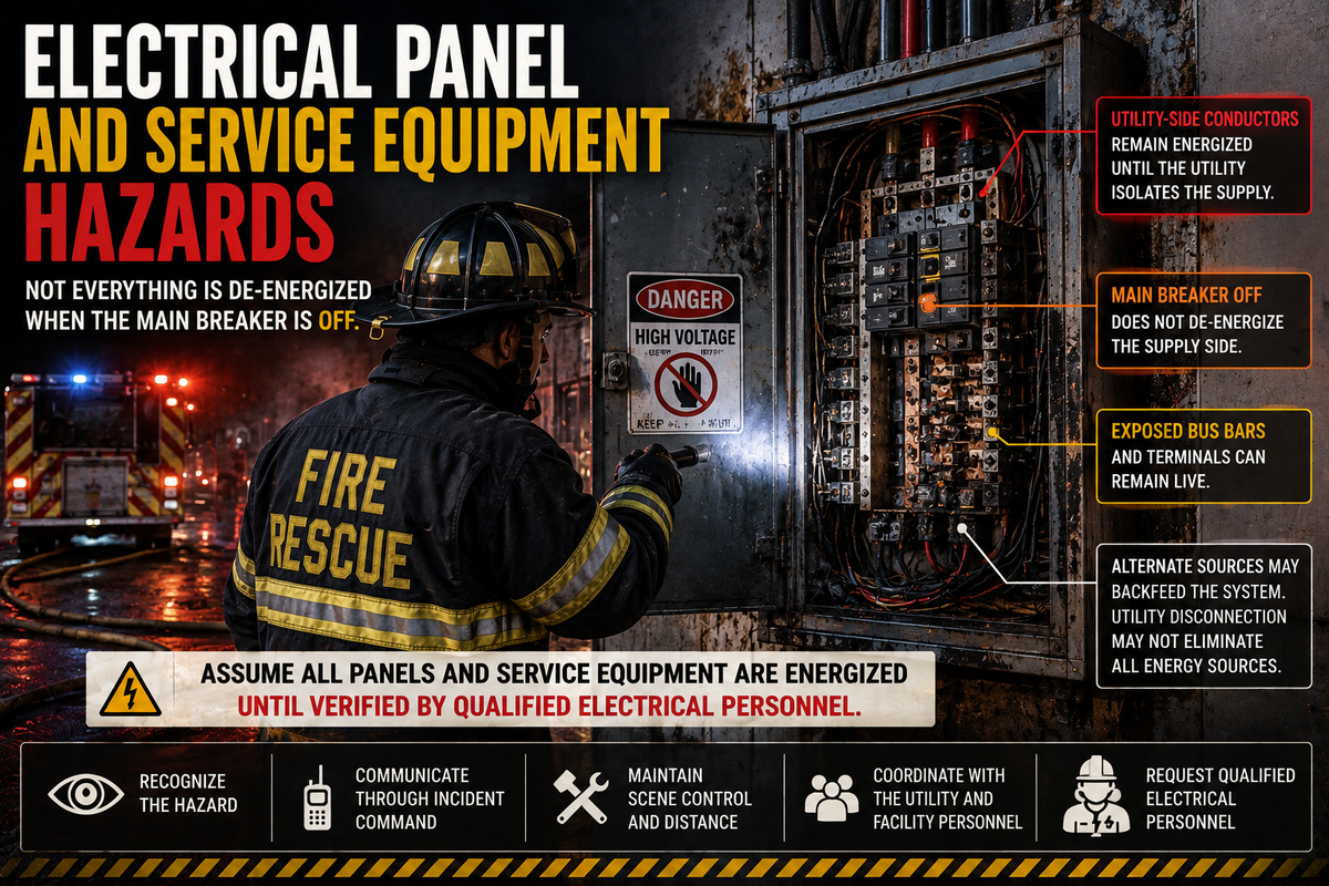 Firefighter assessing fire-damaged electrical service equipment with exposed panel components, illustrating energized utility-side conductors, backfeed risks, and hazards that may remain after the main breaker is off.