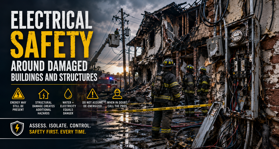 Firefighters assess a fire-damaged building with exposed electrical wiring, damaged service equipment, utility lines, and standing water, highlighting electrical hazards around damaged structures.