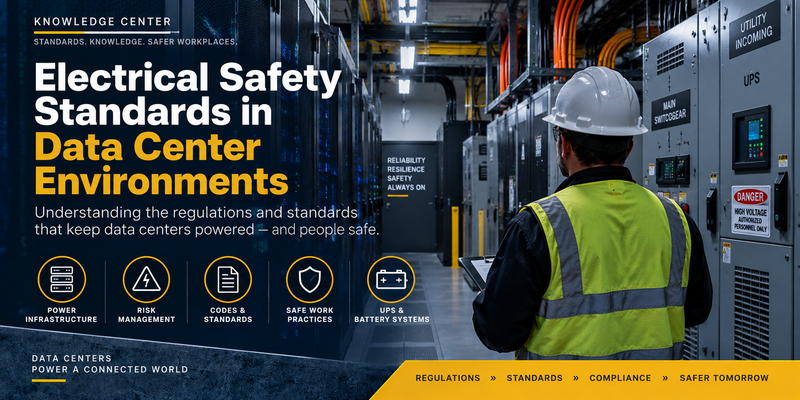 Data center technician inspecting electrical infrastructure, including switchgear, UPS and battery systems, illustrating electrical safety standards for data center environments.