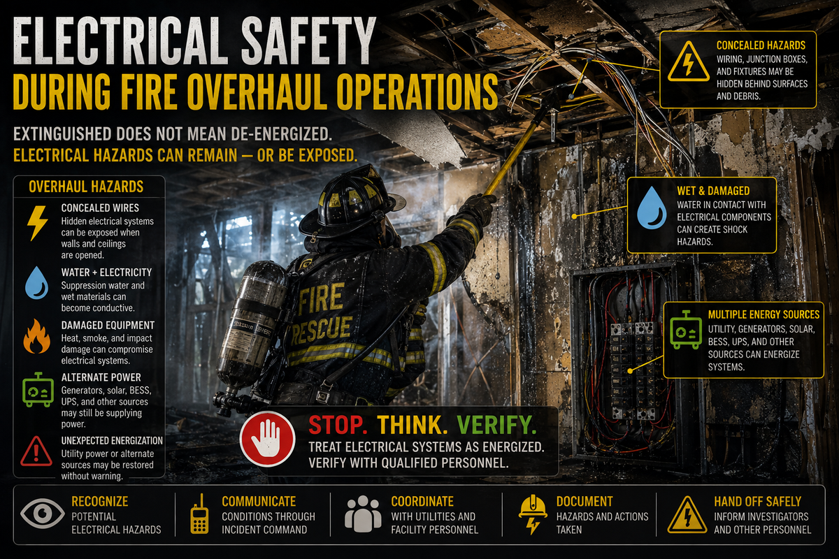 Firefighter performing overhaul in a fire-damaged structure with exposed wiring, wet electrical equipment, and multiple potential energy sources.