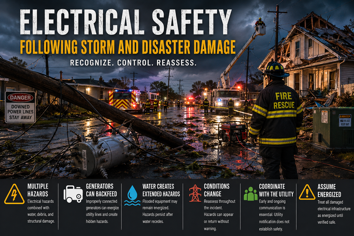 First responders and utility crews manage storm-damaged electrical infrastructure, including downed power lines, flooding, debris, and damaged buildings.