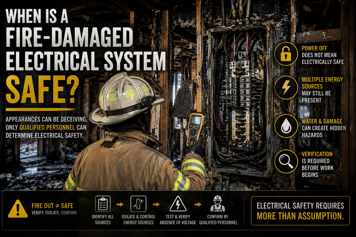 Firefighter assessing a fire-damaged electrical panel with a voltage tester, illustrating hidden electrical hazards, multiple energy sources, and the need for qualified verification before a system is considered safe.