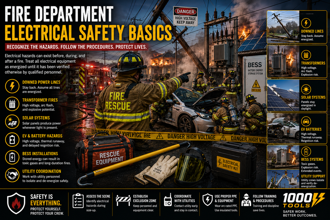 Firefighters operating near energized electrical equipment while wearing arc-rated PPE during a response involving utility infrastructure, EV batteries, and solar power systems.