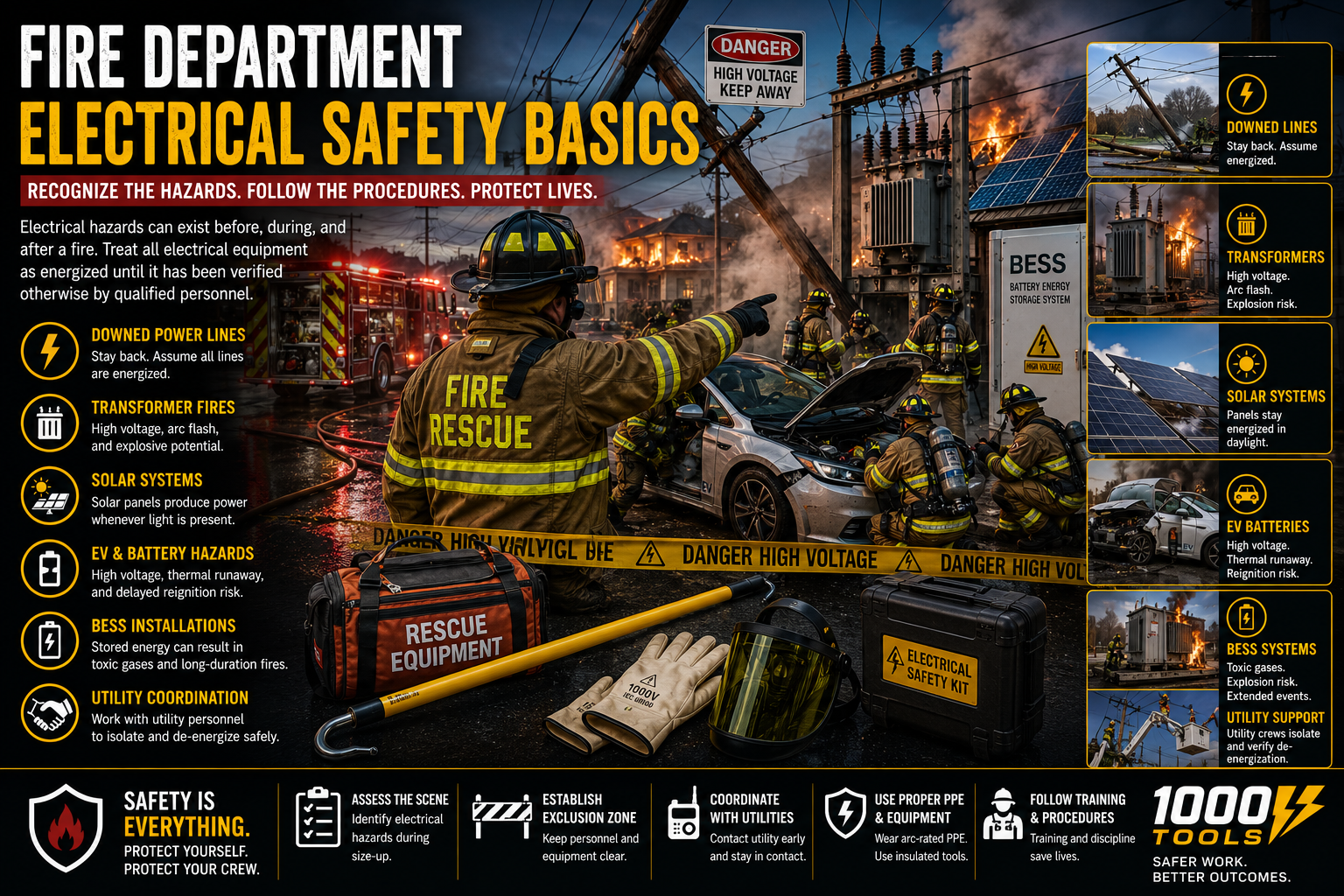 Firefighters operating near energized electrical equipment while wearing arc-rated PPE during a response involving utility infrastructure, EV batteries, and solar power systems.