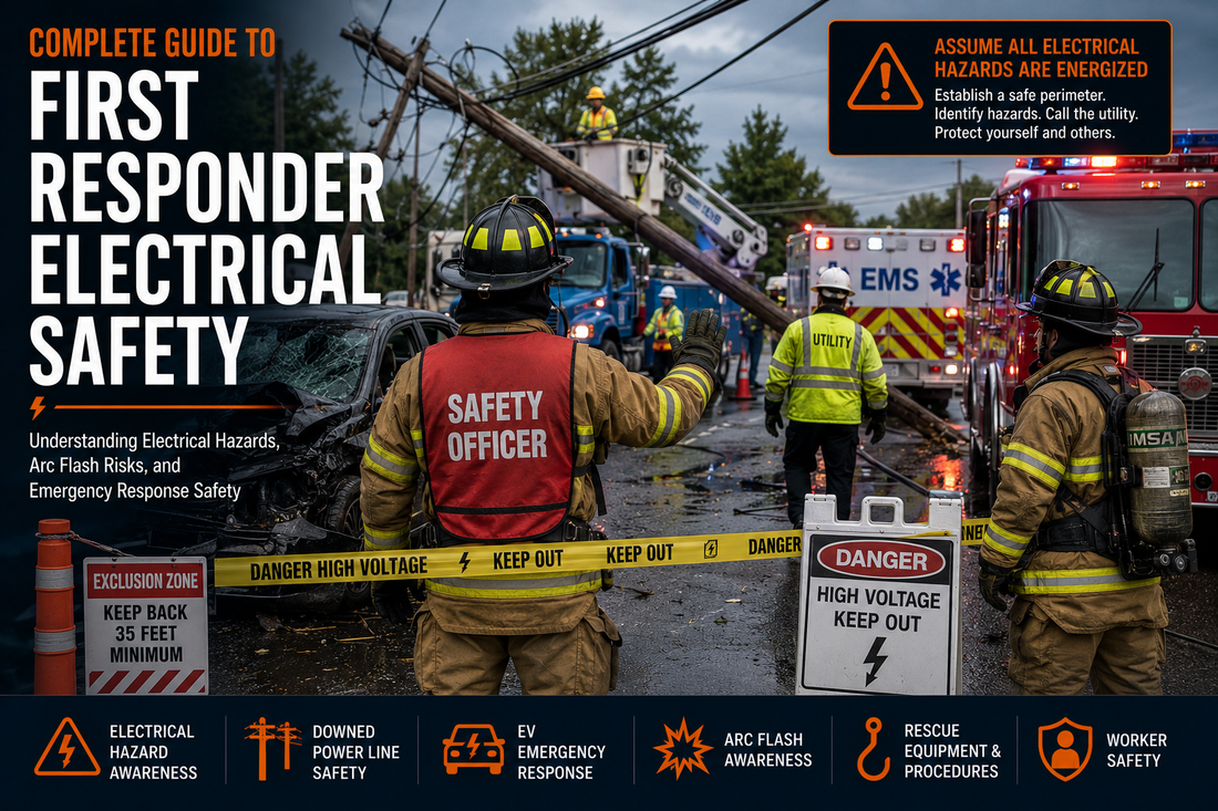 First responders establishing a safety perimeter around a downed power line while coordinating with utility personnel and wearing appropriate PPE