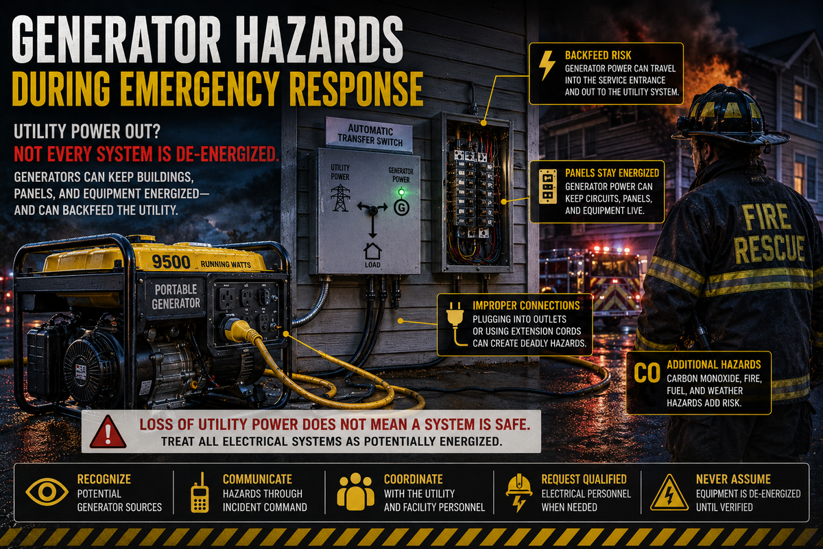 Firefighter assessing a generator-powered building during an emergency, illustrating electrical backfeed, energized panels, improper connections, and carbon monoxide hazards.