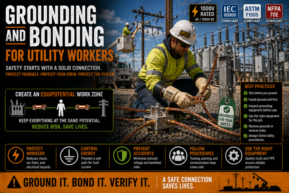 Utility workers installing temporary protective grounds and bonding equipment to create an equipotential work zone during high-voltage electrical maintenance.