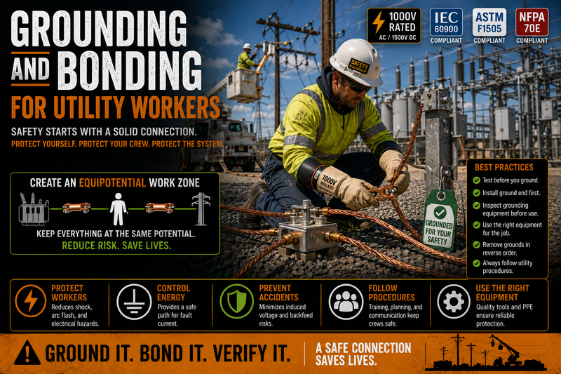 Utility workers installing temporary protective grounds and bonding equipment to create an equipotential work zone during high-voltage electrical maintenance.
